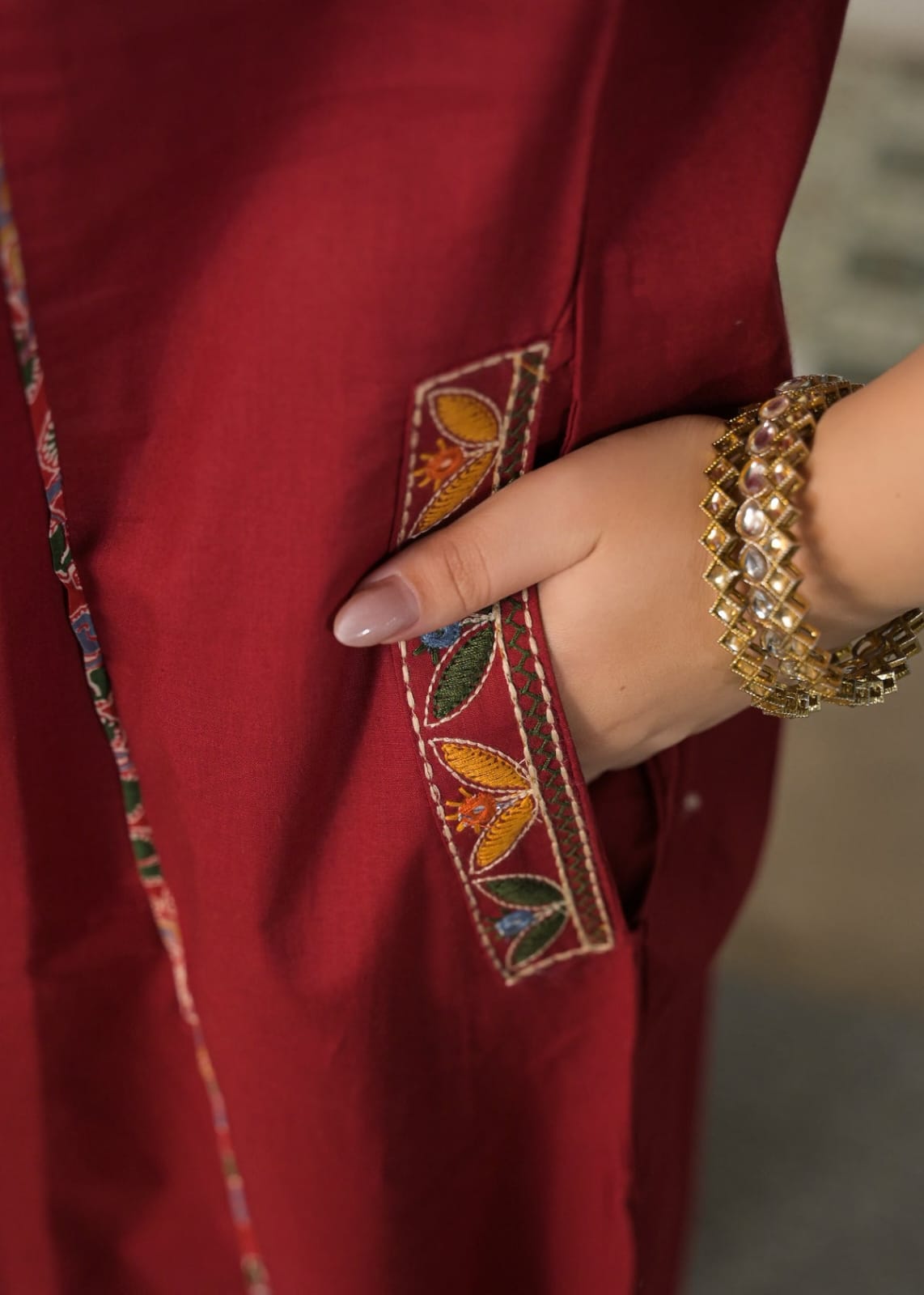Maroon Embroidered Kurta Set with Kalamkari Print Dupatta
