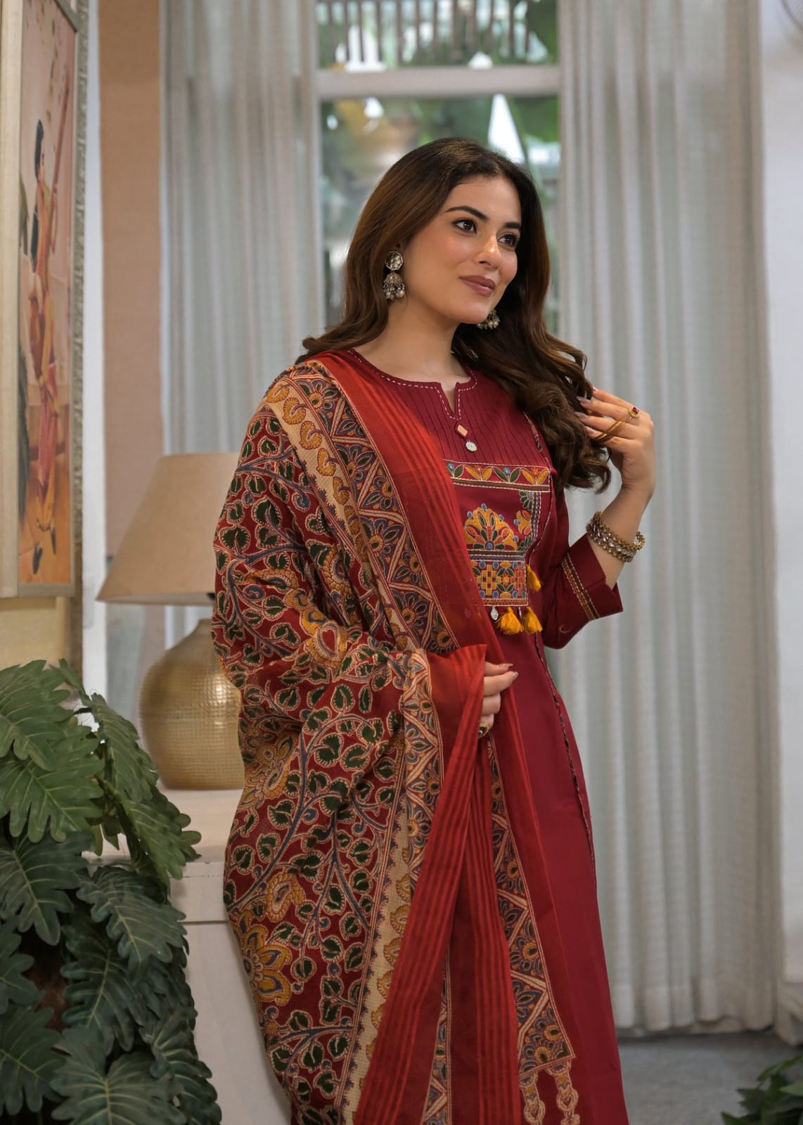 Maroon Embroidered Kurta Set with Kalamkari Print Dupatta