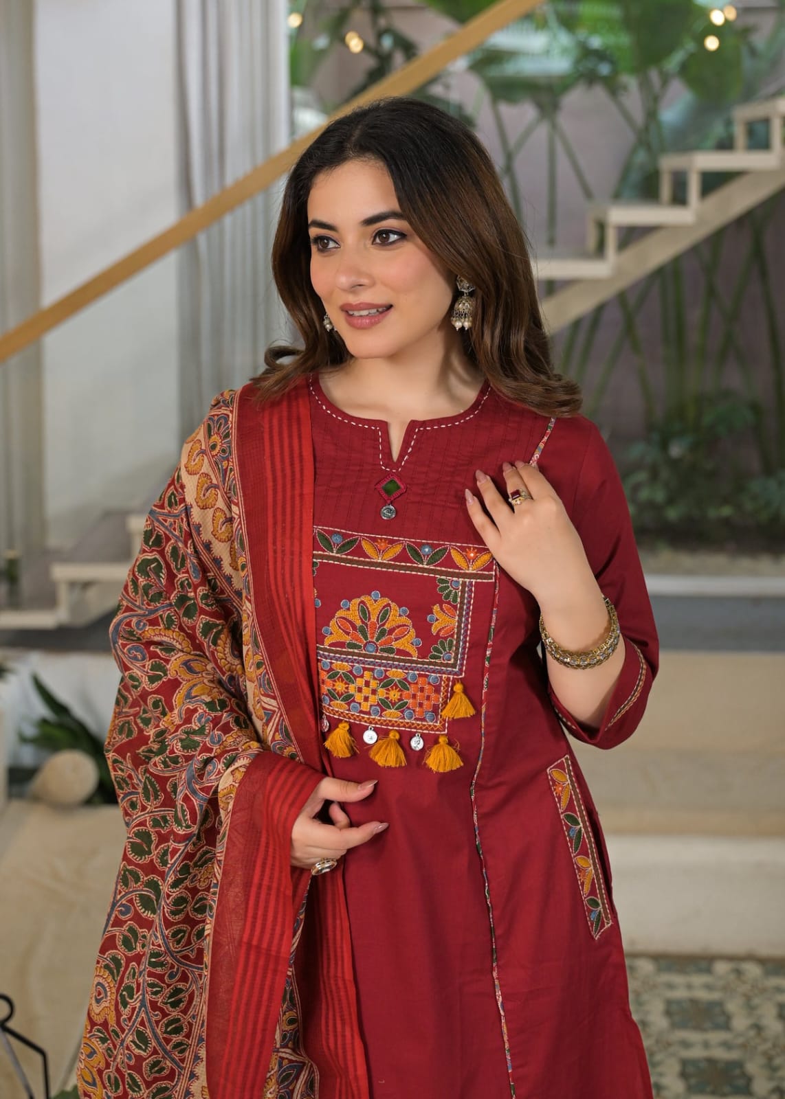 Maroon Embroidered Kurta Set with Kalamkari Print Dupatta