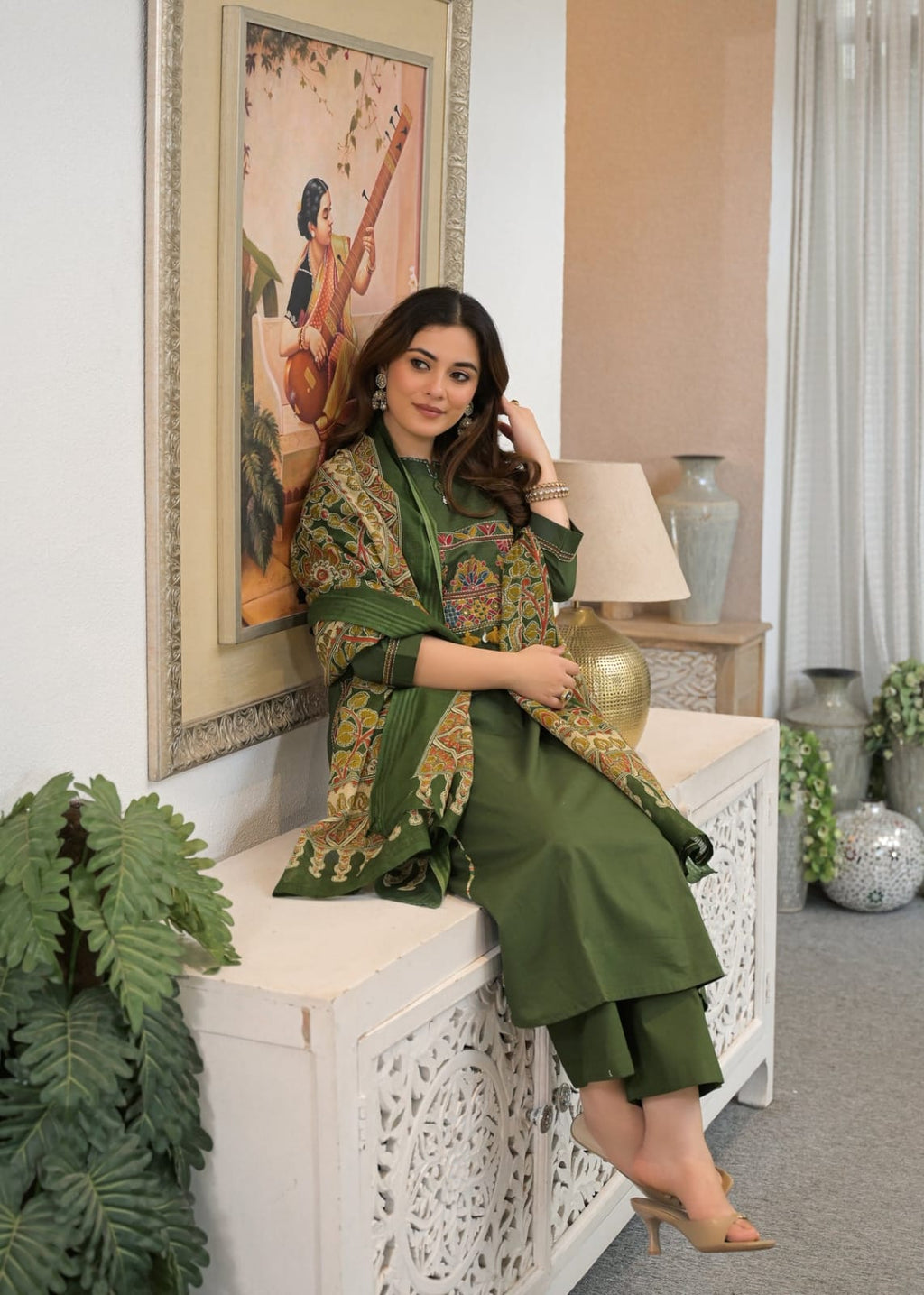 Olive Green Embroidered Kurta Set with Pen Kalamkari Printed Dupatta