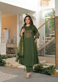 Olive Green Embroidered Kurta Set with Pen Kalamkari Printed Dupatta