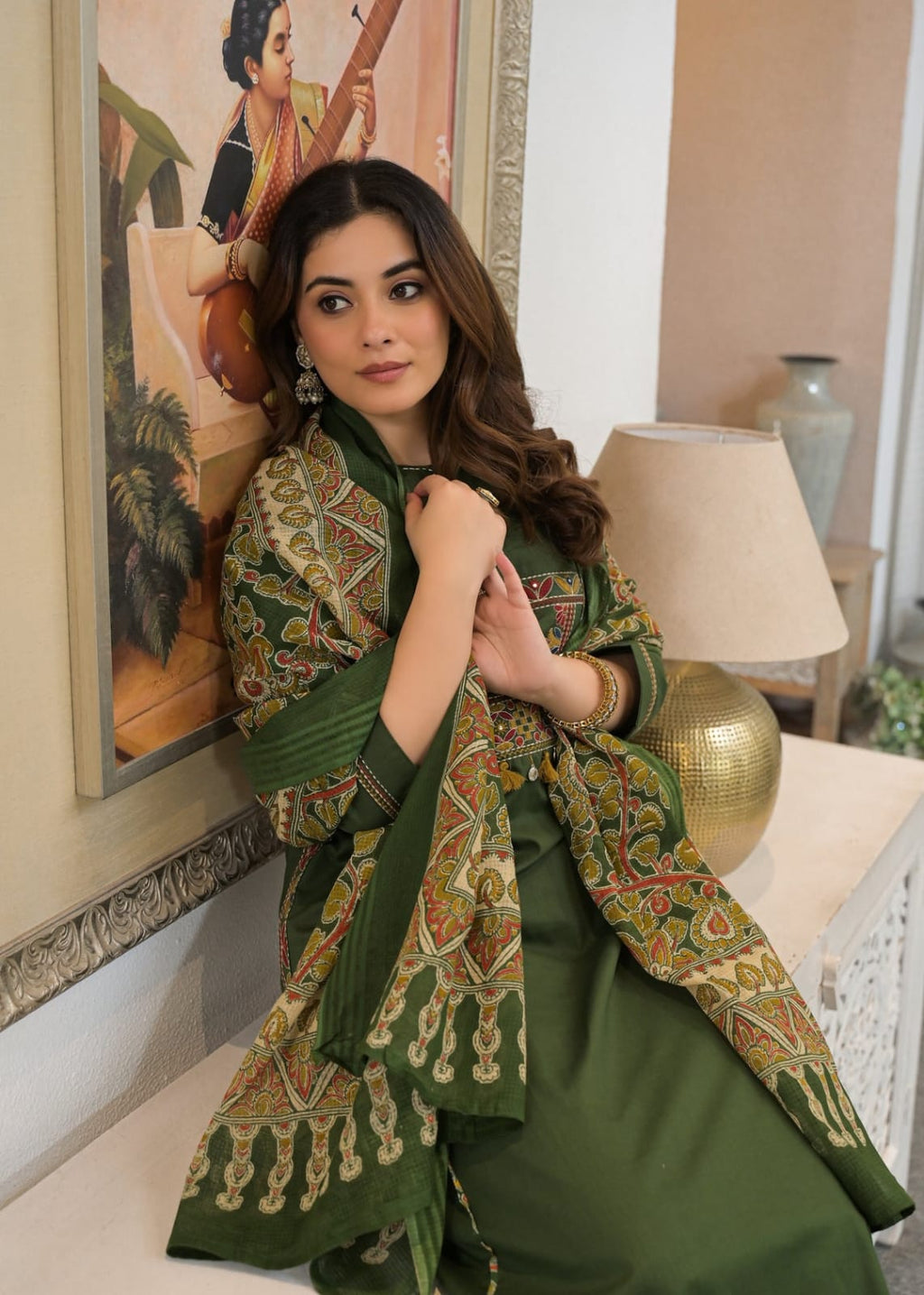 Olive Green Embroidered Kurta Set with Pen Kalamkari Printed Dupatta