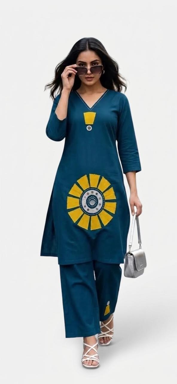 Teal Sunburst Applique Kurta & Pant Co-ord Set