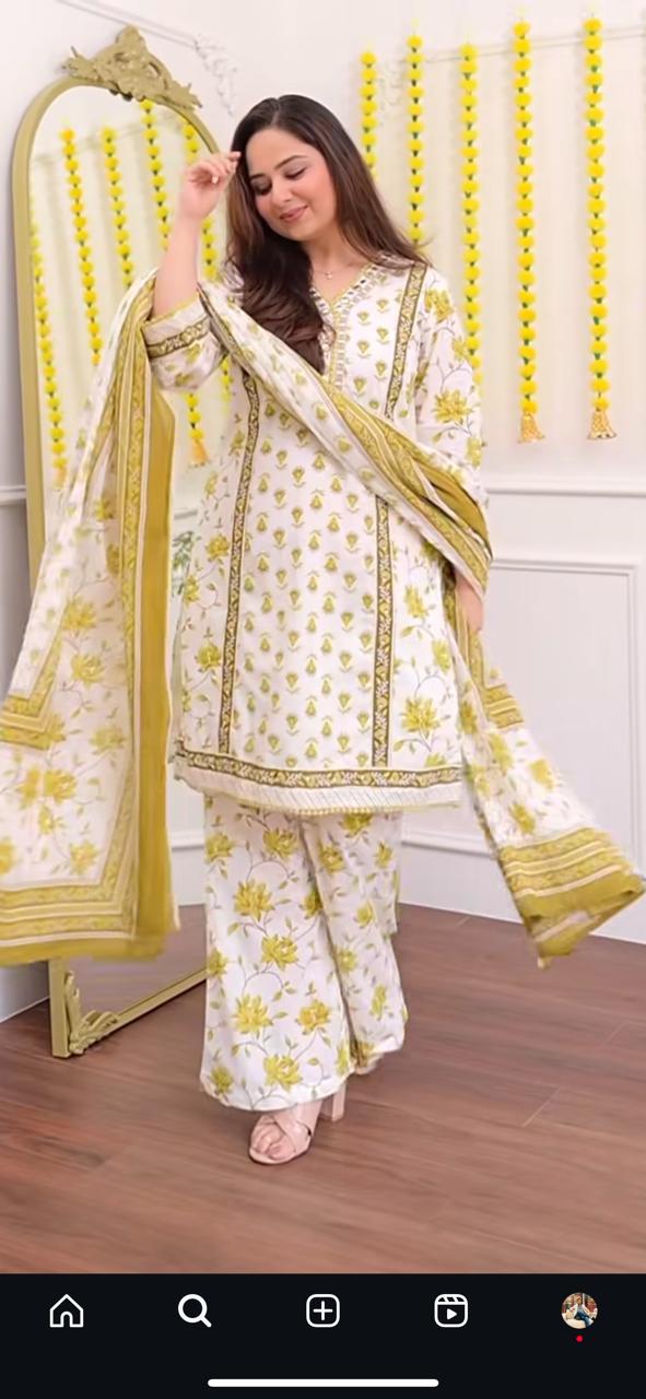 Handblock Floral Printed Cotton Suit Set – Mustard Yellow