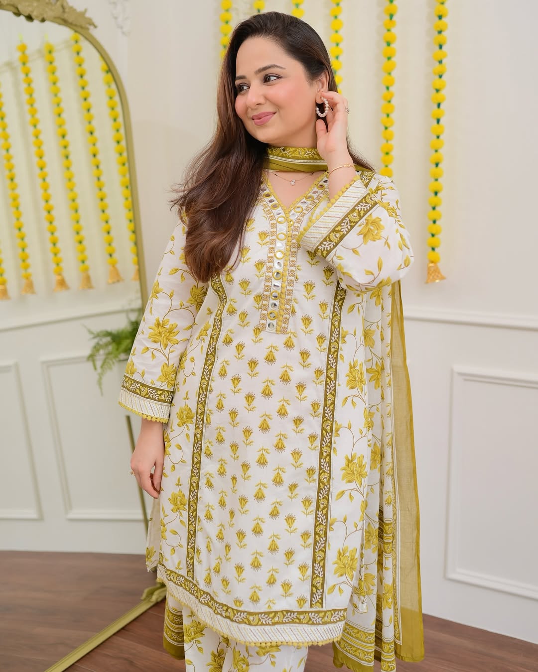 Handblock Floral Printed Cotton Suit Set – Mustard Yellow