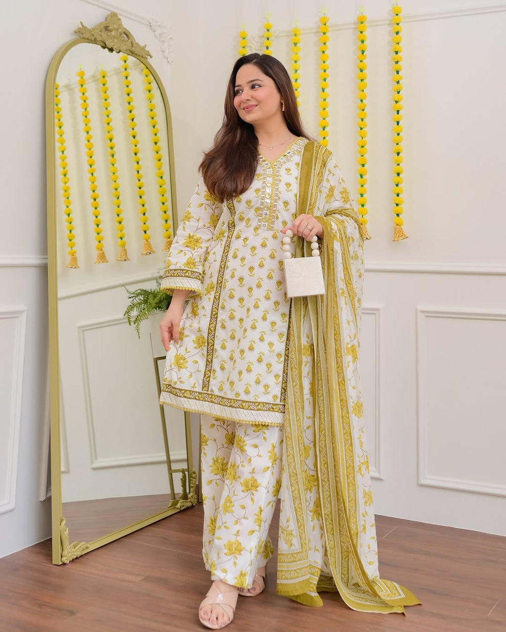 Handblock Floral Printed Cotton Suit Set – Mustard Yellow