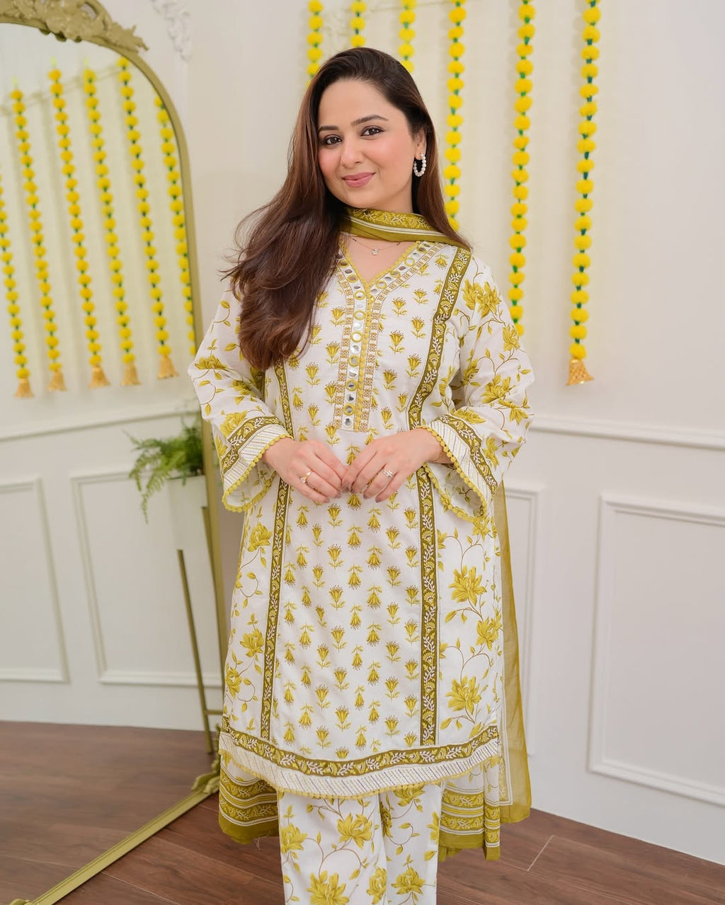 Handblock Floral Printed Cotton Suit Set – Mustard Yellow