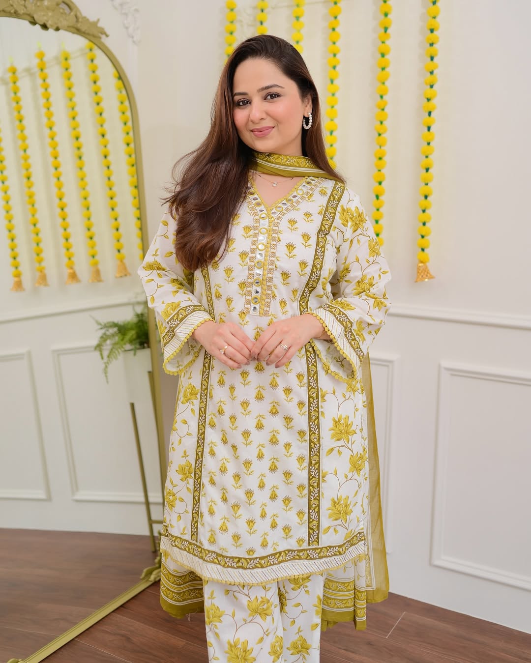 Handblock Floral Printed Cotton Suit Set – Mustard Yellow