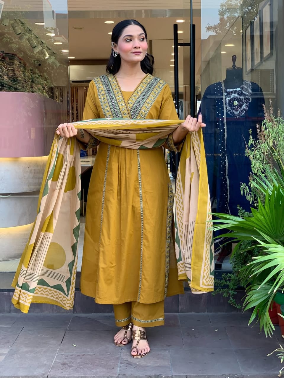 Elegant Mustard Embroidered Cotton Suit Set with Geometric Print Dupatta