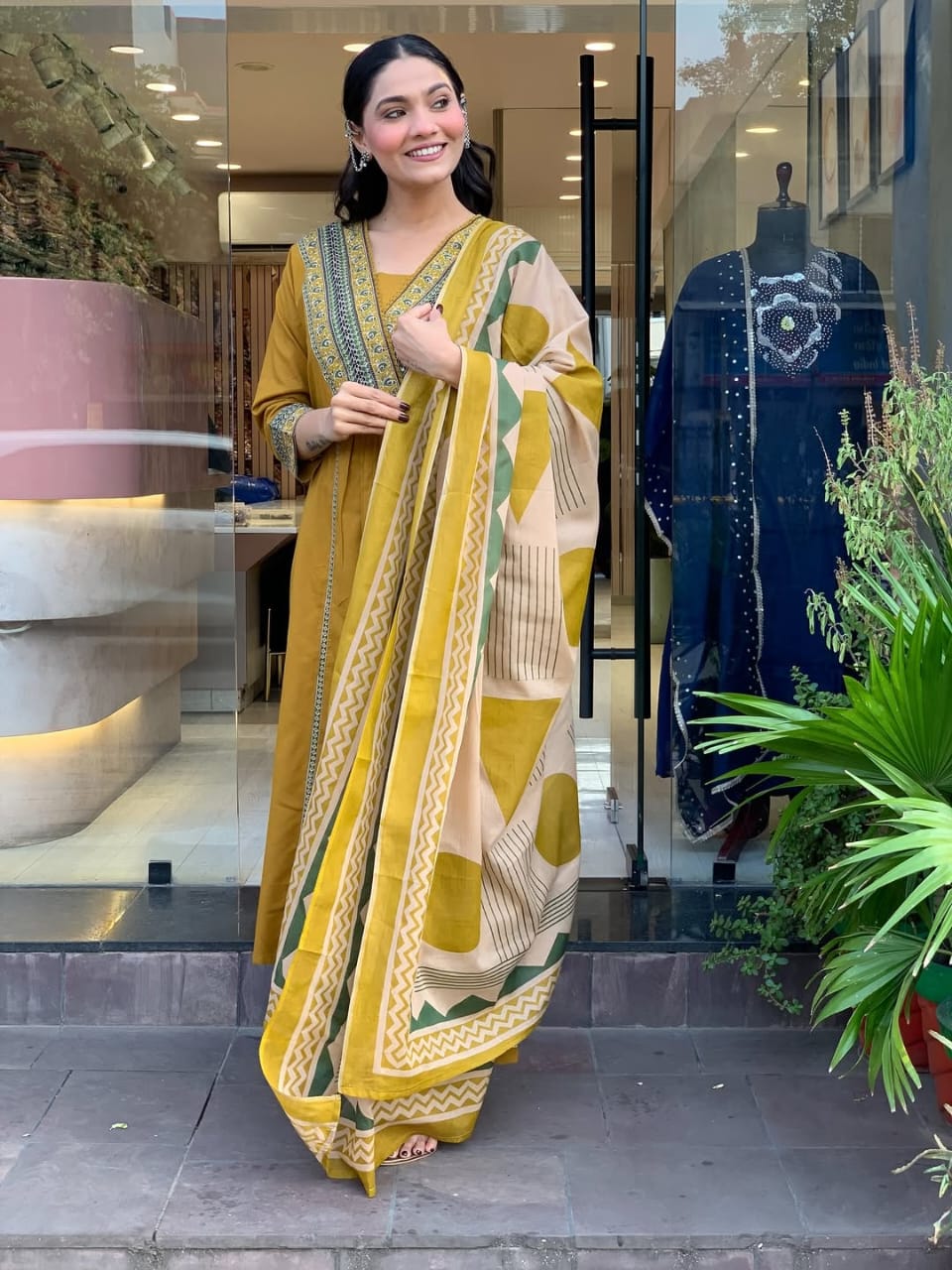 Elegant Mustard Embroidered Cotton Suit Set with Geometric Print Dupatta