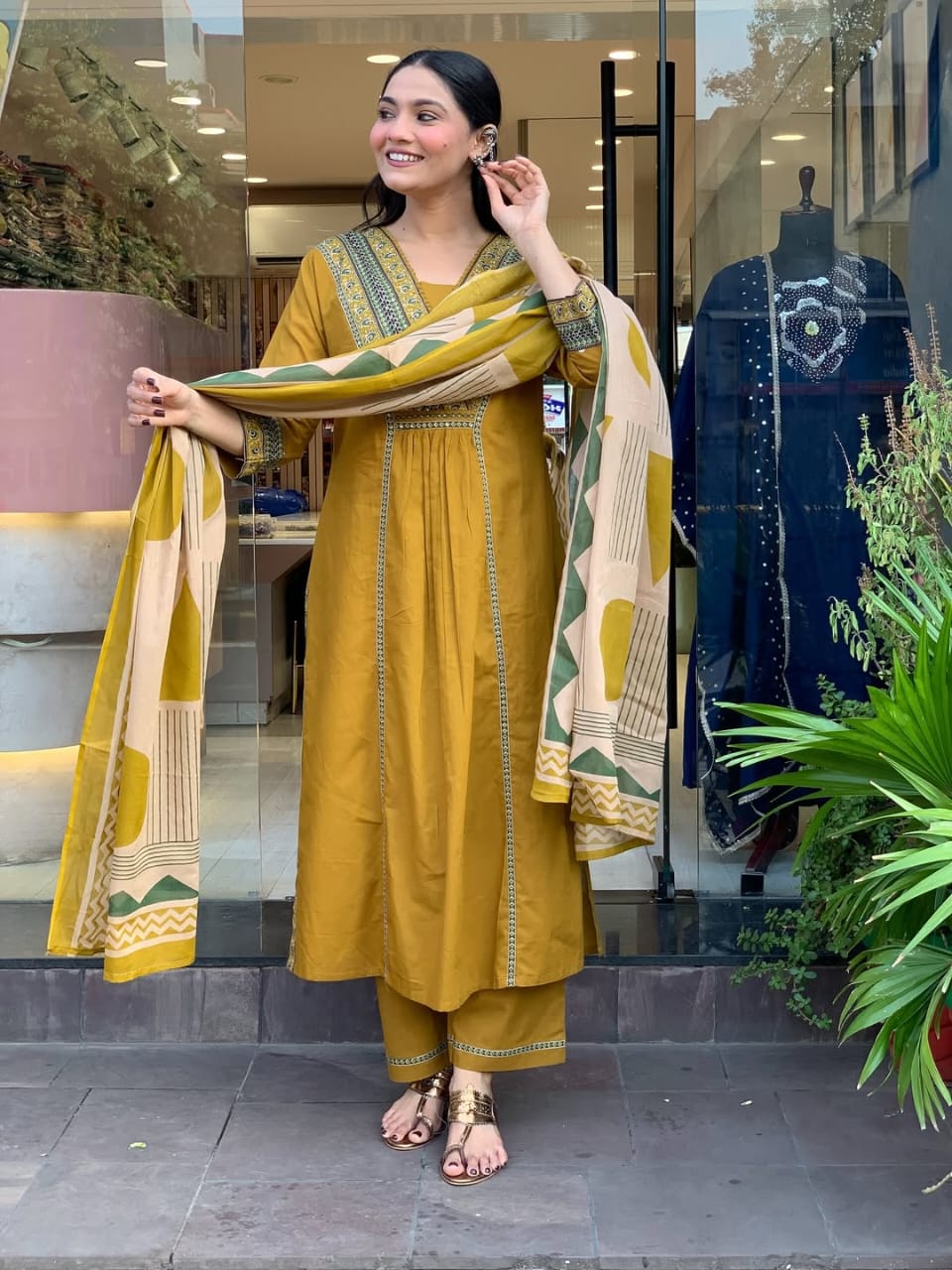 Elegant Mustard Embroidered Cotton Suit Set with Geometric Print Dupatta