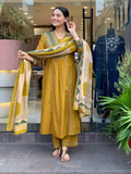 Elegant Mustard Embroidered Cotton Suit Set with Geometric Print Dupatta