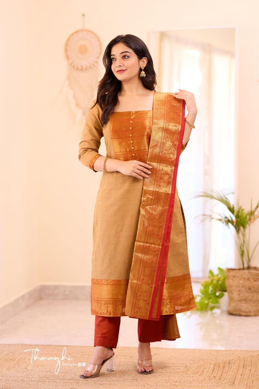 Pure Chandan Kanchi Cotton Handwoven Suit Set with Zari Jacquard Dupatta