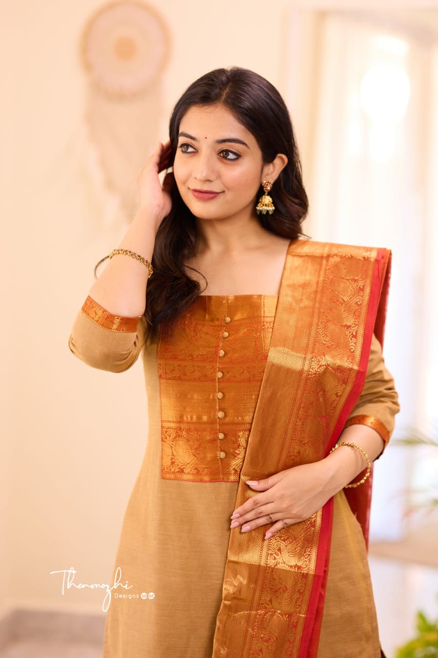 Pure Chandan Kanchi Cotton Handwoven Suit Set with Zari Jacquard Dupatta