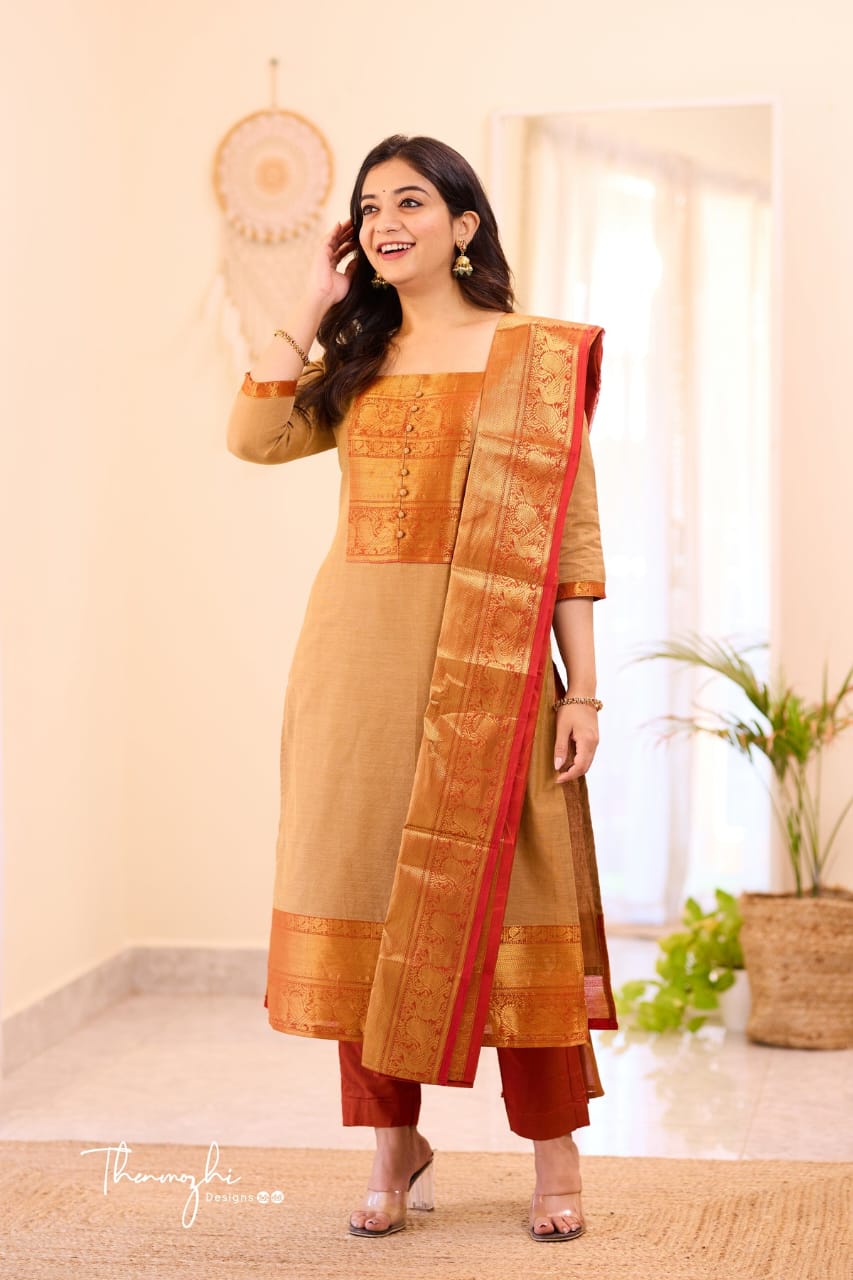 Pure Chandan Kanchi Cotton Handwoven Suit Set with Zari Jacquard Dupatta