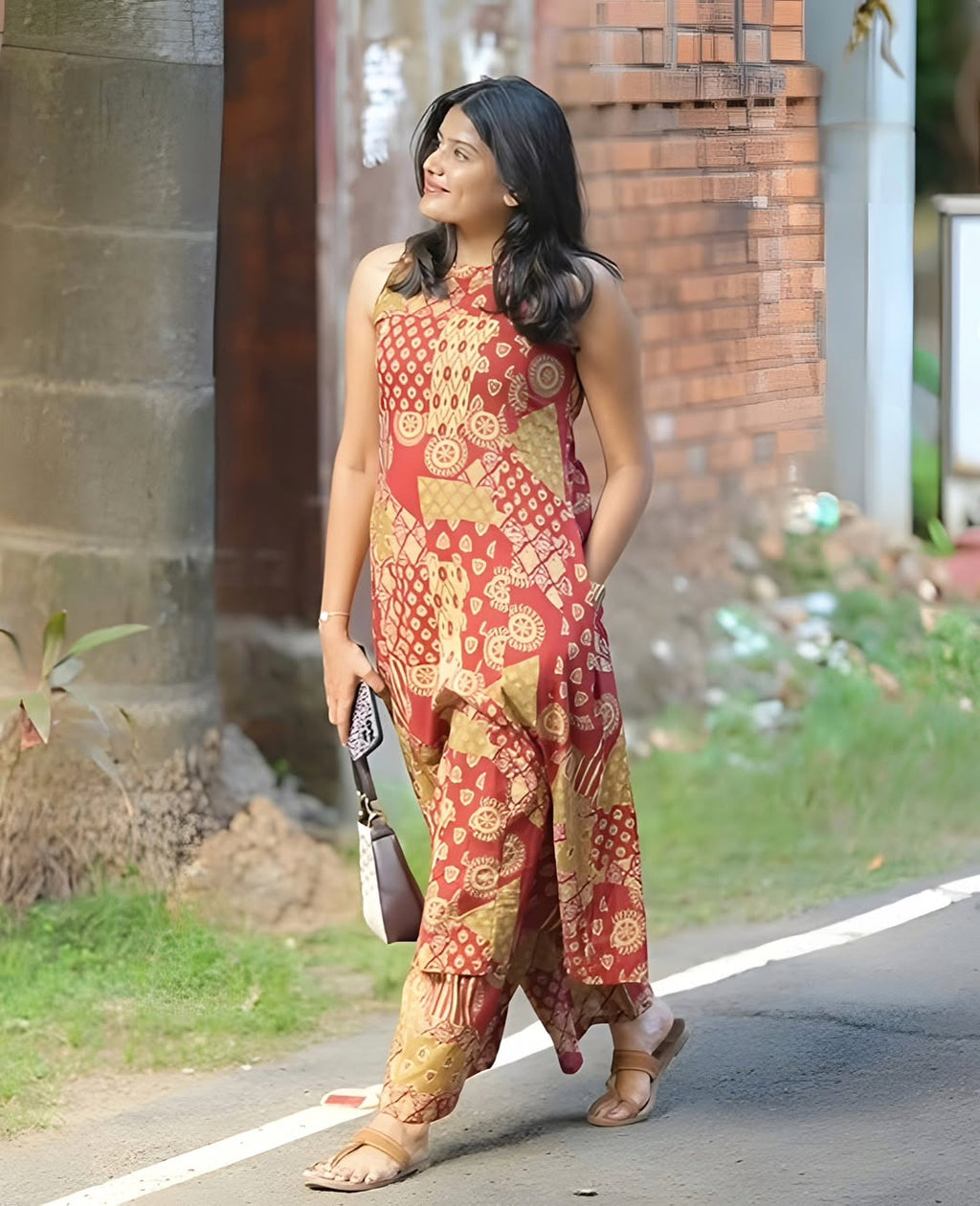 Rust Ethnic Motif Sleeveless Co-ord Set