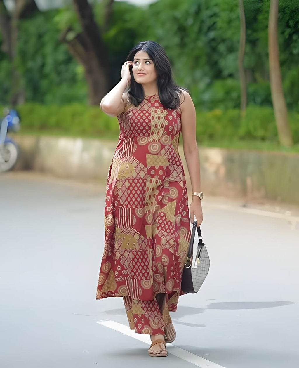 Rust Ethnic Motif Sleeveless Co-ord Set