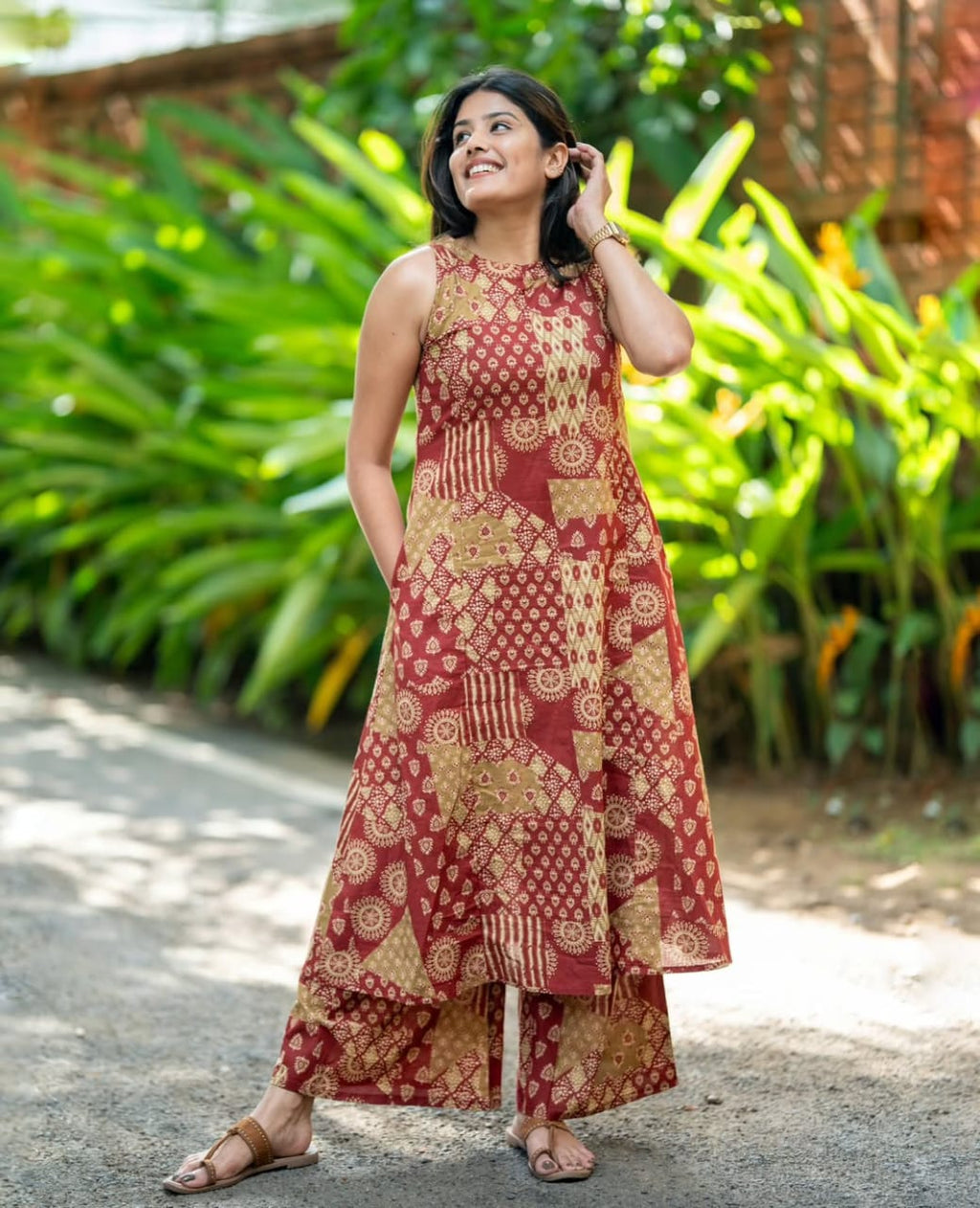 Rust Ethnic Motif Sleeveless Co-ord Set