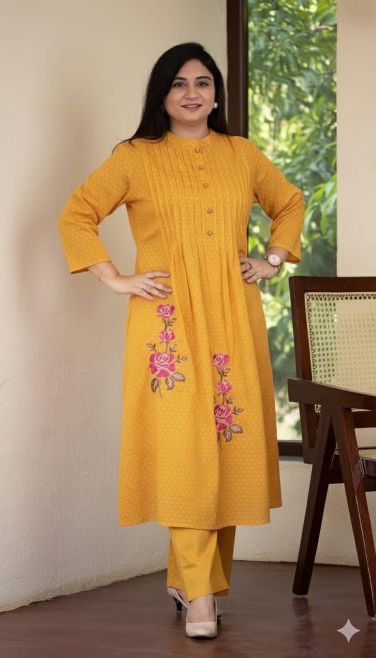 Mustard Yellow Pintuck Kurta with Floral Embroidery