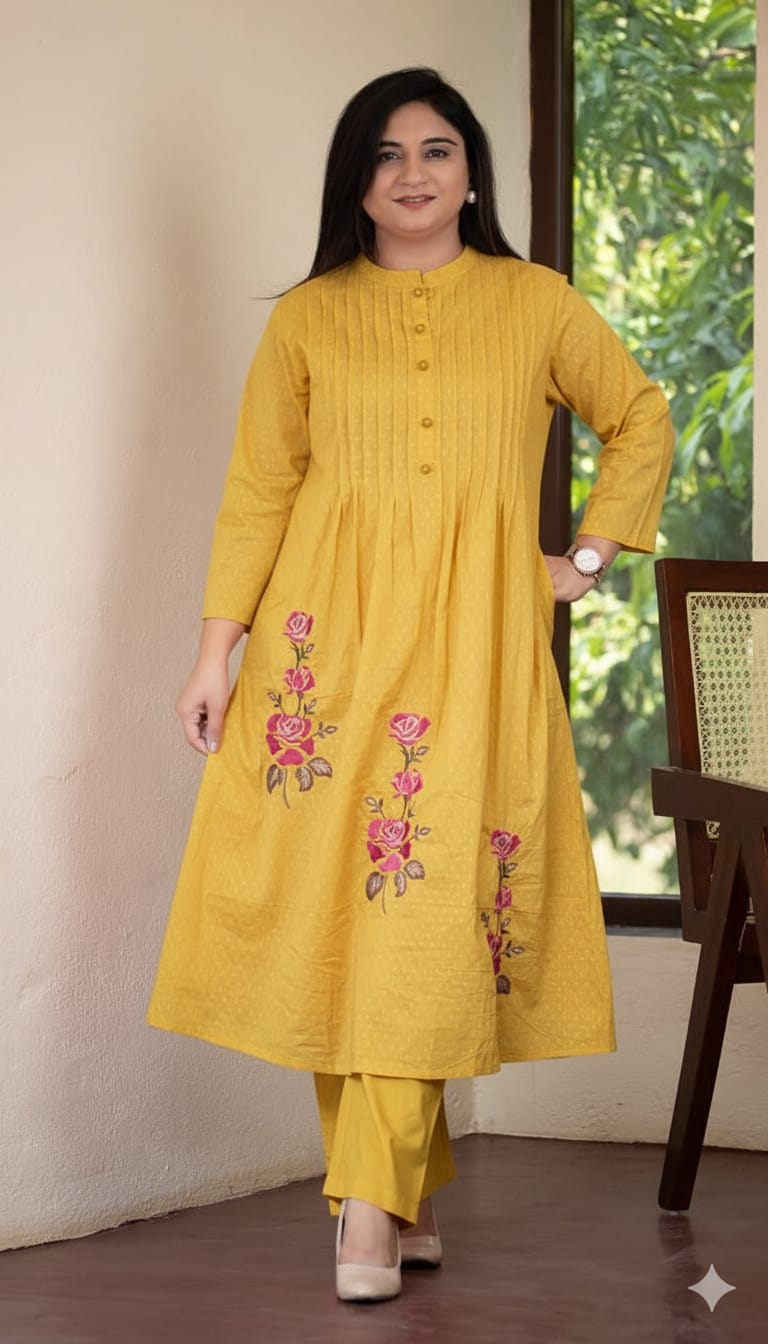 Mustard Yellow Pintuck Kurta with Floral Embroidery