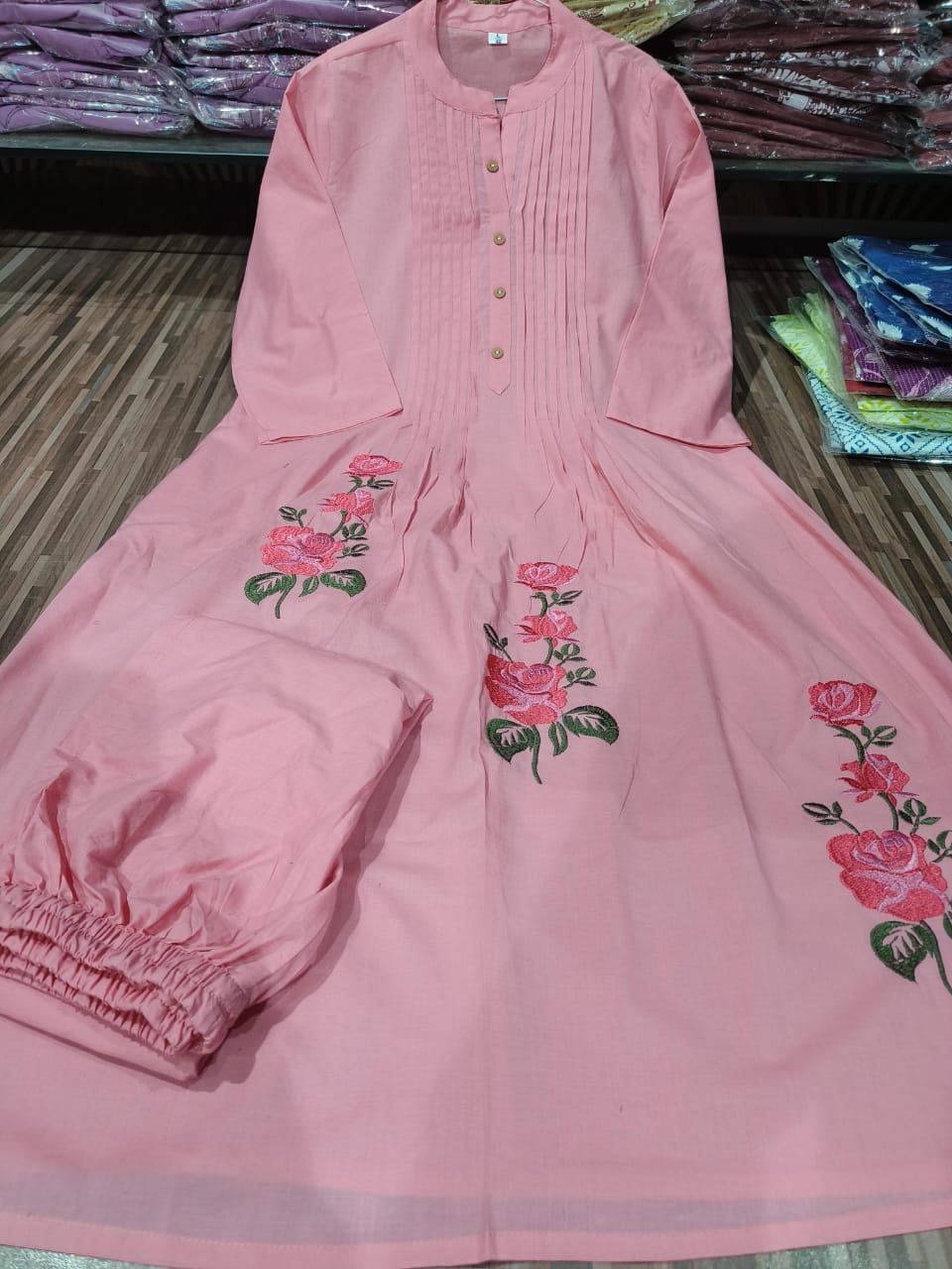 Pink Pintuck Kurta with Floral Embroidery