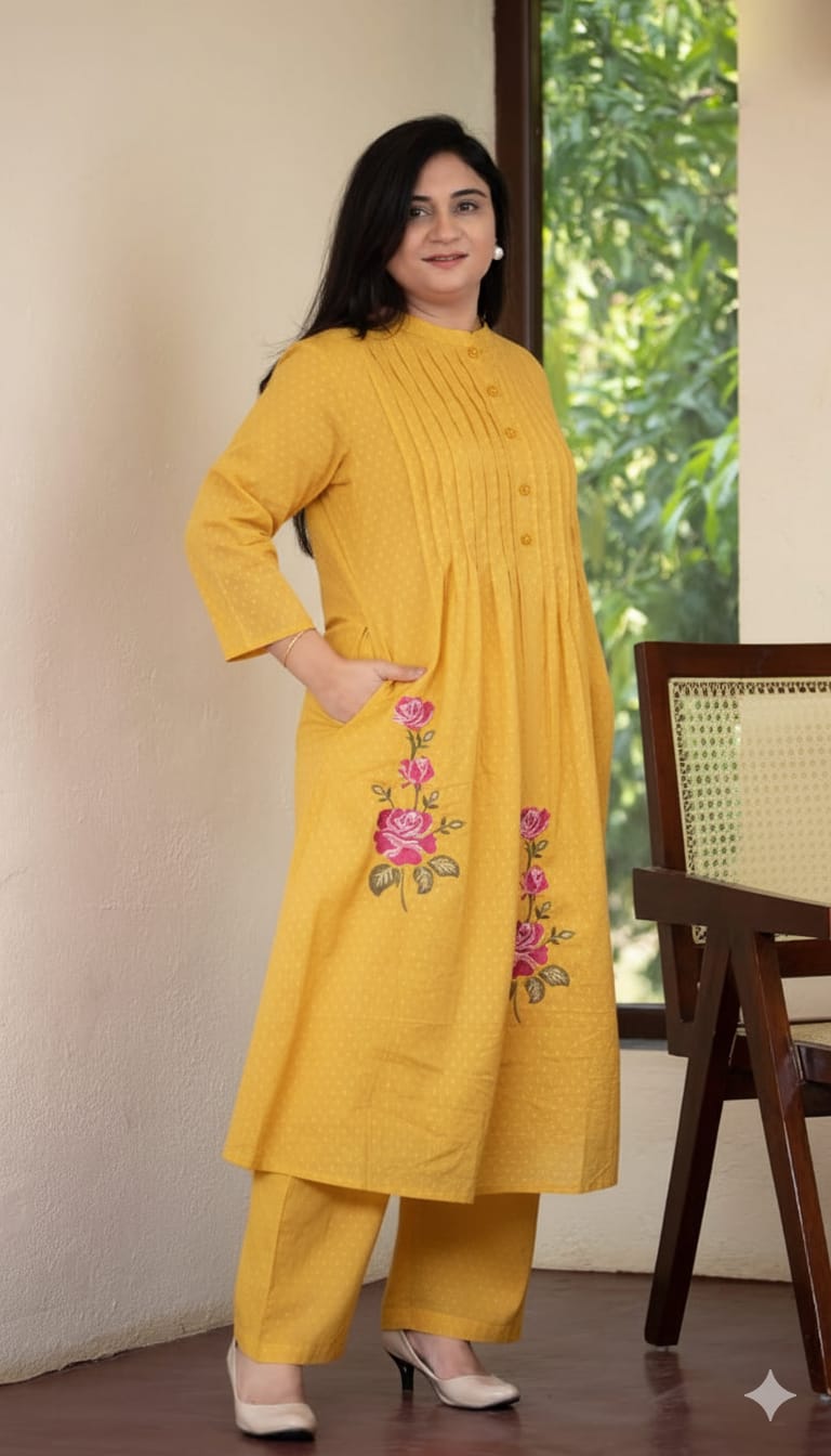Mustard Yellow Pintuck Kurta with Floral Embroidery