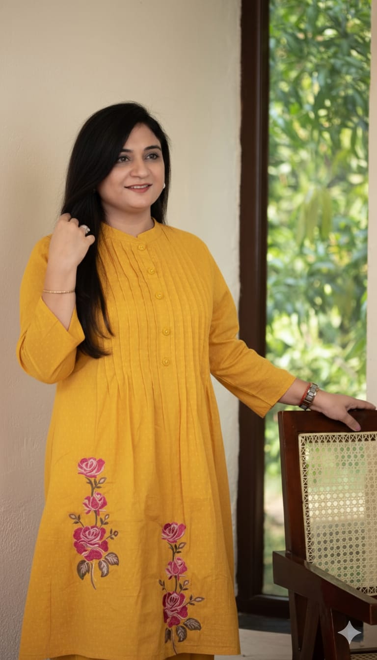 Mustard Yellow Pintuck Kurta with Floral Embroidery