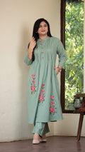 Sea green Pintuck Kurta with Floral Embroidery