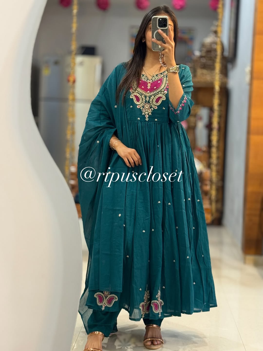 Blue Embroidered Cotton Anarkali Set