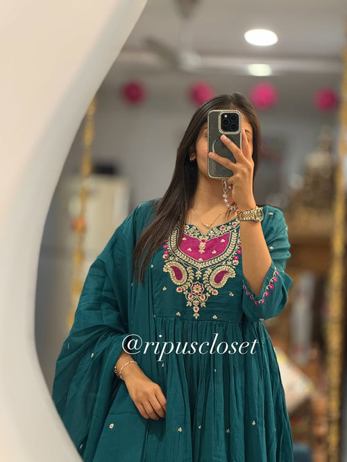 Blue Embroidered Cotton Anarkali Set