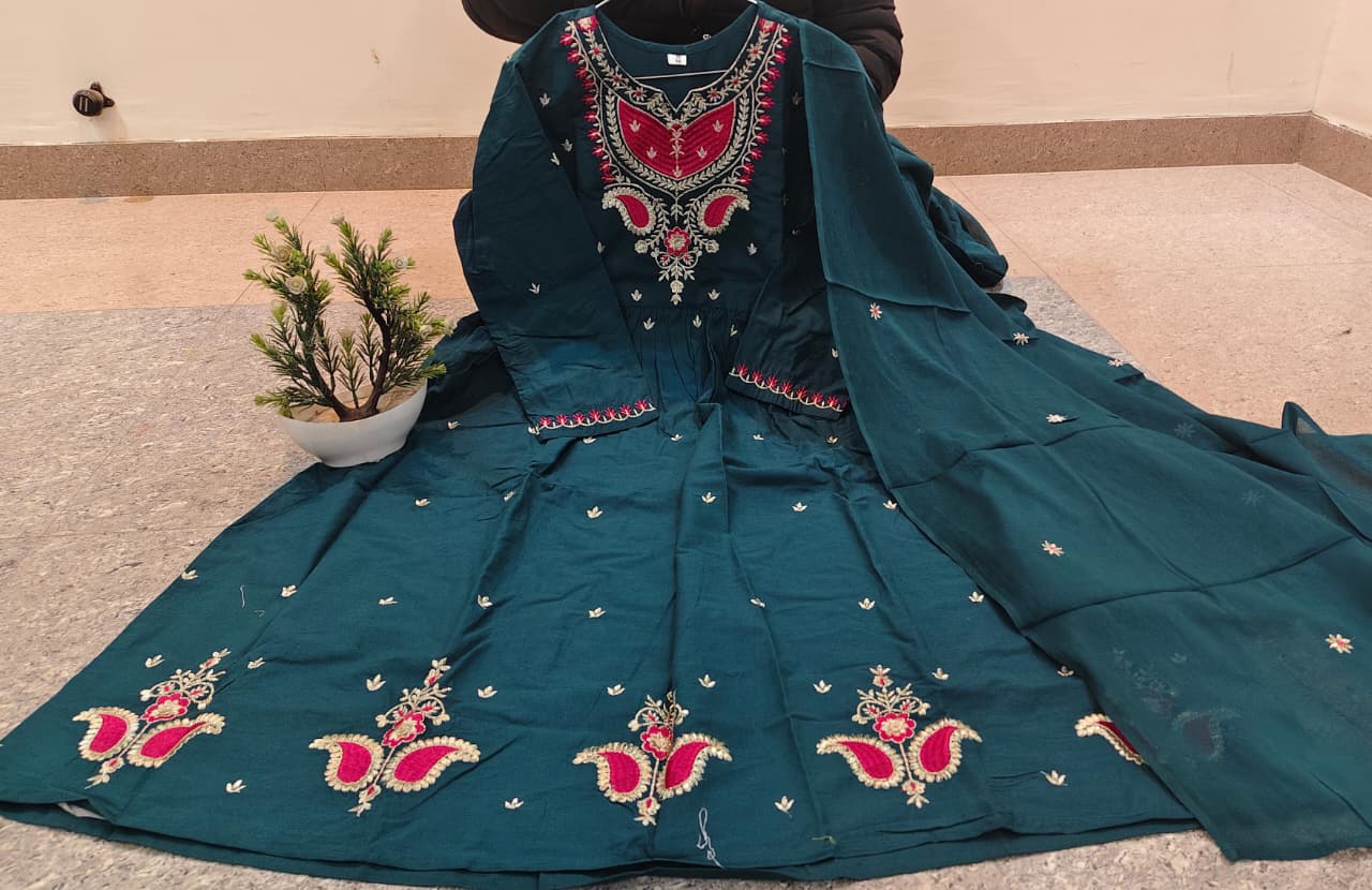 Blue Embroidered Cotton Anarkali Set
