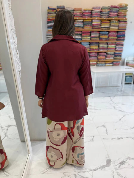 Priya's burgandy Top with Printed stylish pants