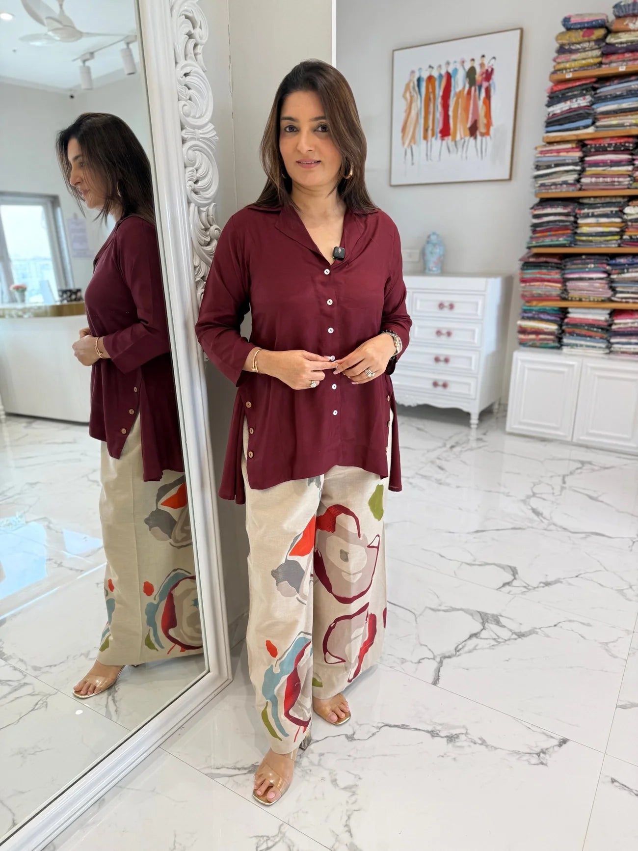 Priya's burgandy Top with Printed stylish pants