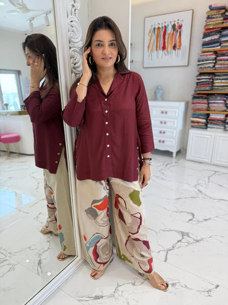 Priya's burgandy Top with Printed stylish pants