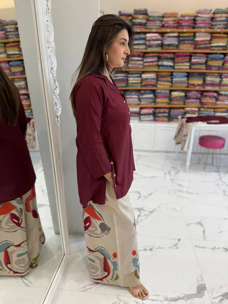 Priya's burgandy Top with Printed stylish pants