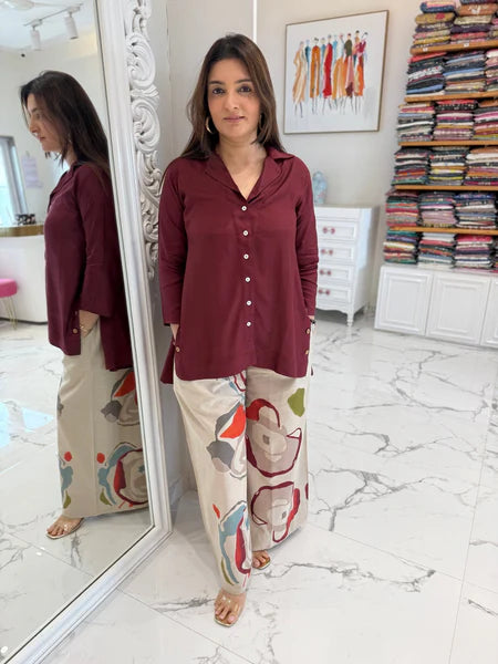 Priya's burgandy Top with Printed stylish pants