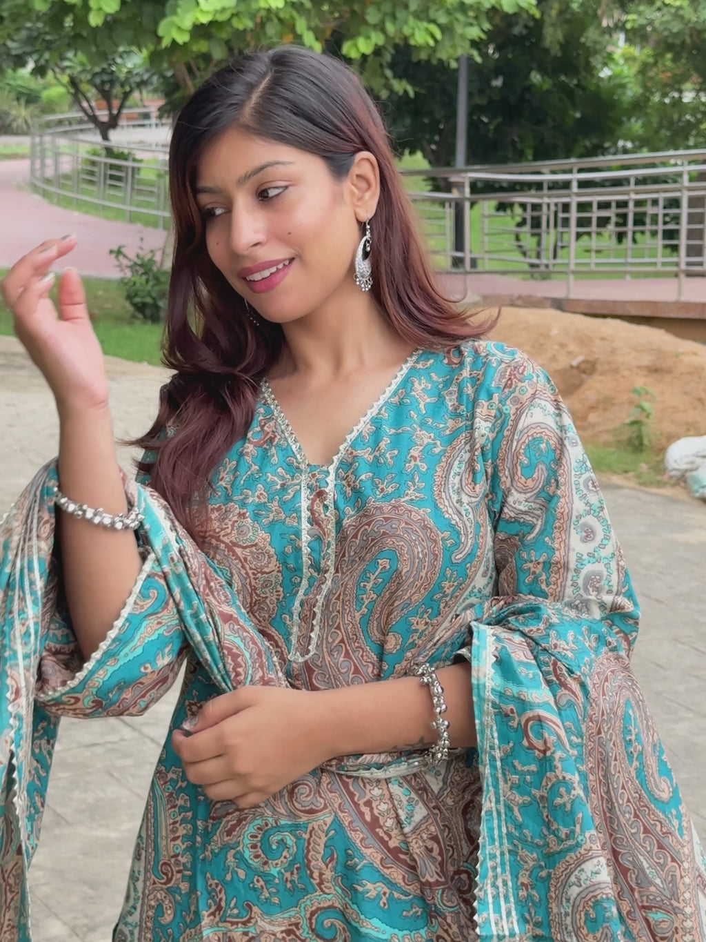 Teal Blue Printed Kurti with White Straight Pants