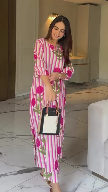 Women’s Pink Striped Floral Cotton Kurta Set
