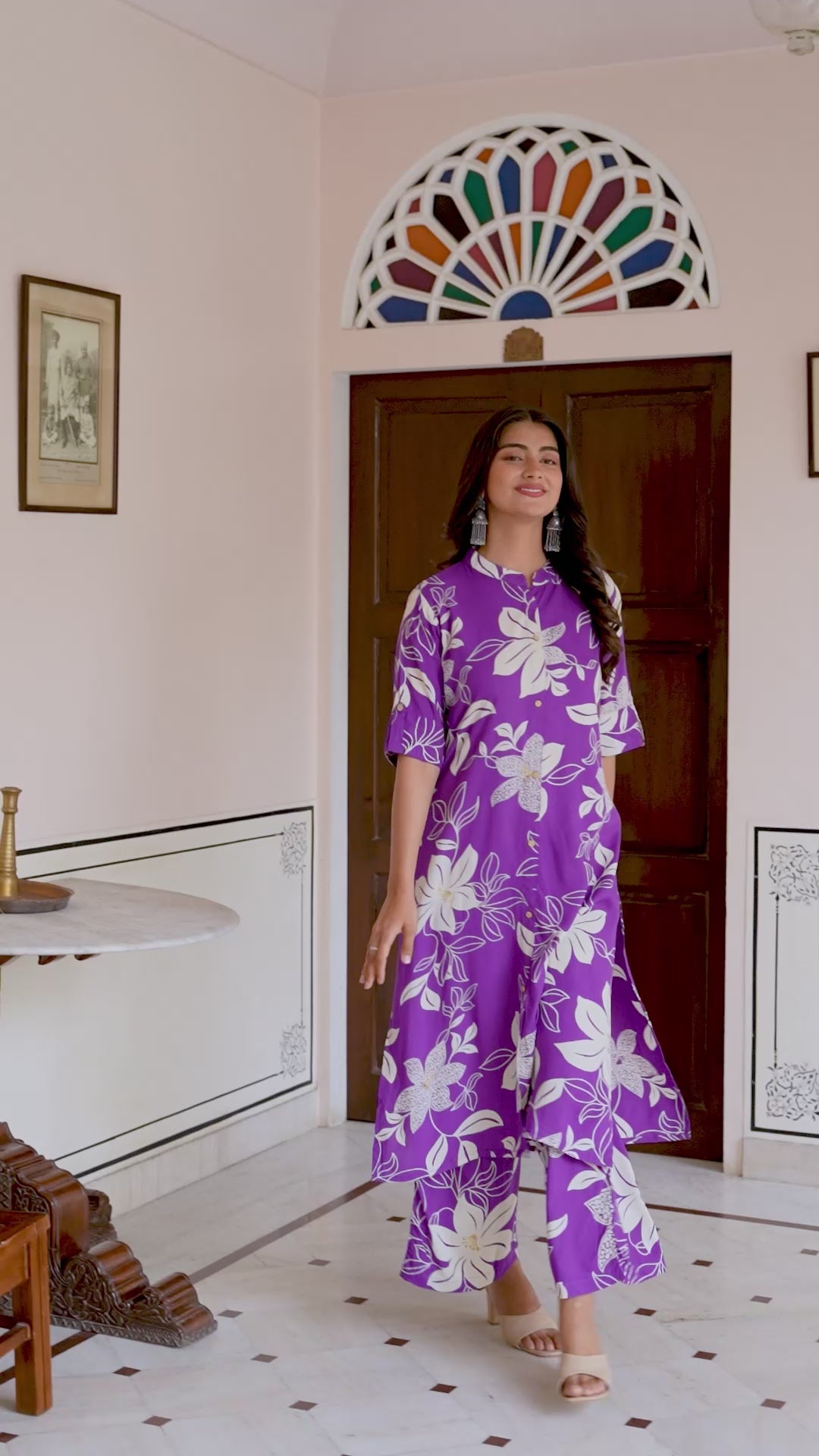 Women’s Purple Floral Printed Cotton Kurta Set with Pants