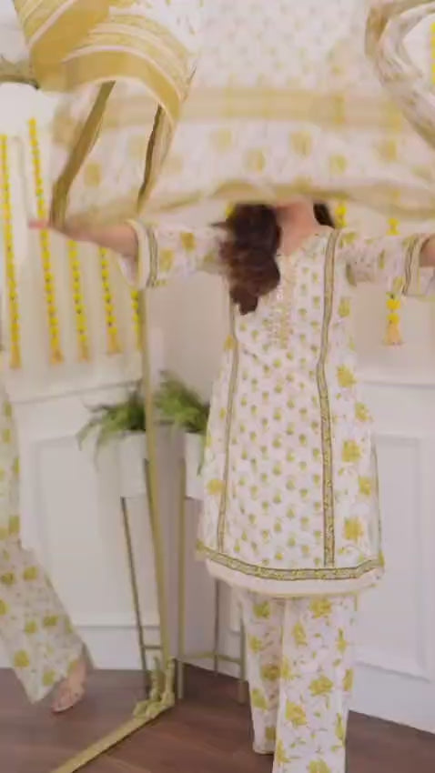 Handblock Floral Printed Cotton Suit Set – Mustard Yellow