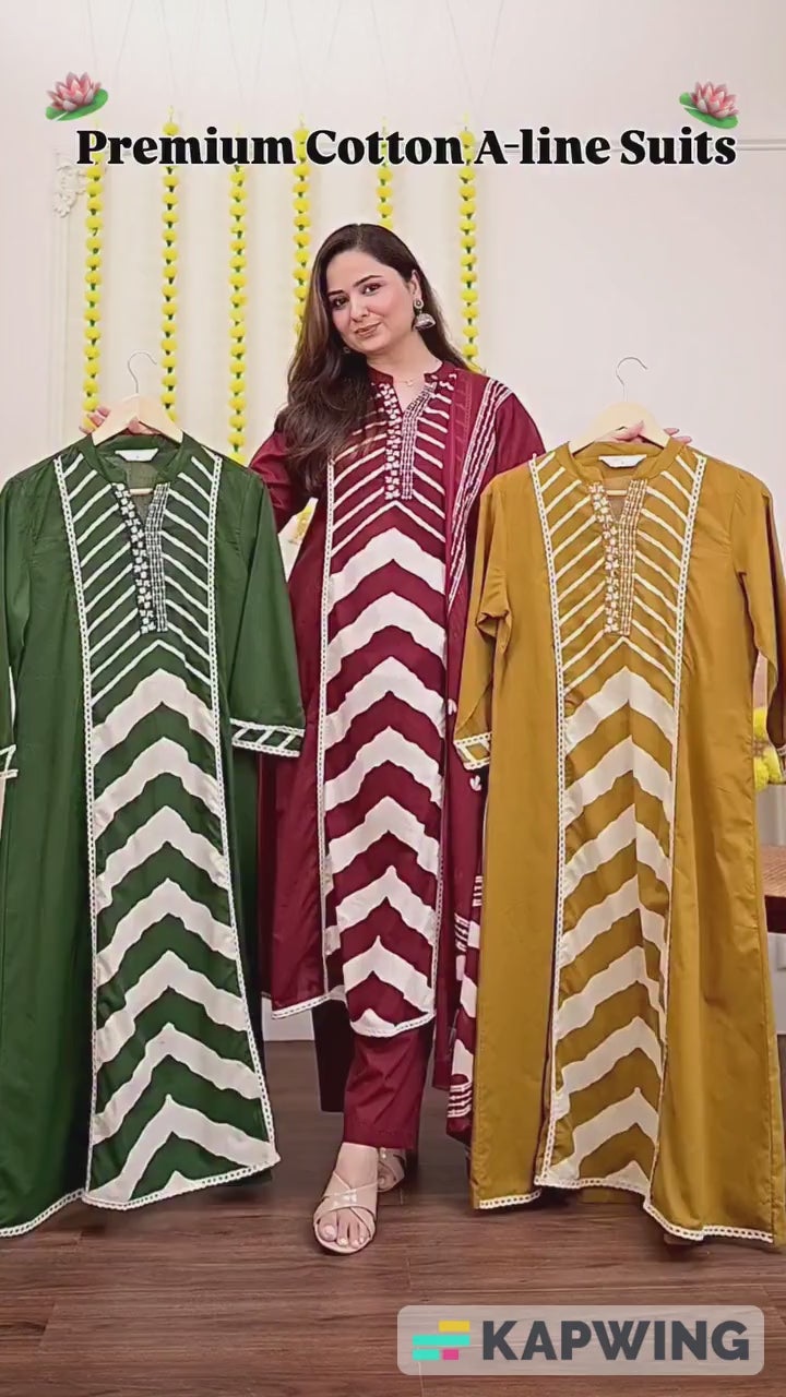Green Premium Cotton A-Line Suit Set | Embroidered Elegance with Dupatta