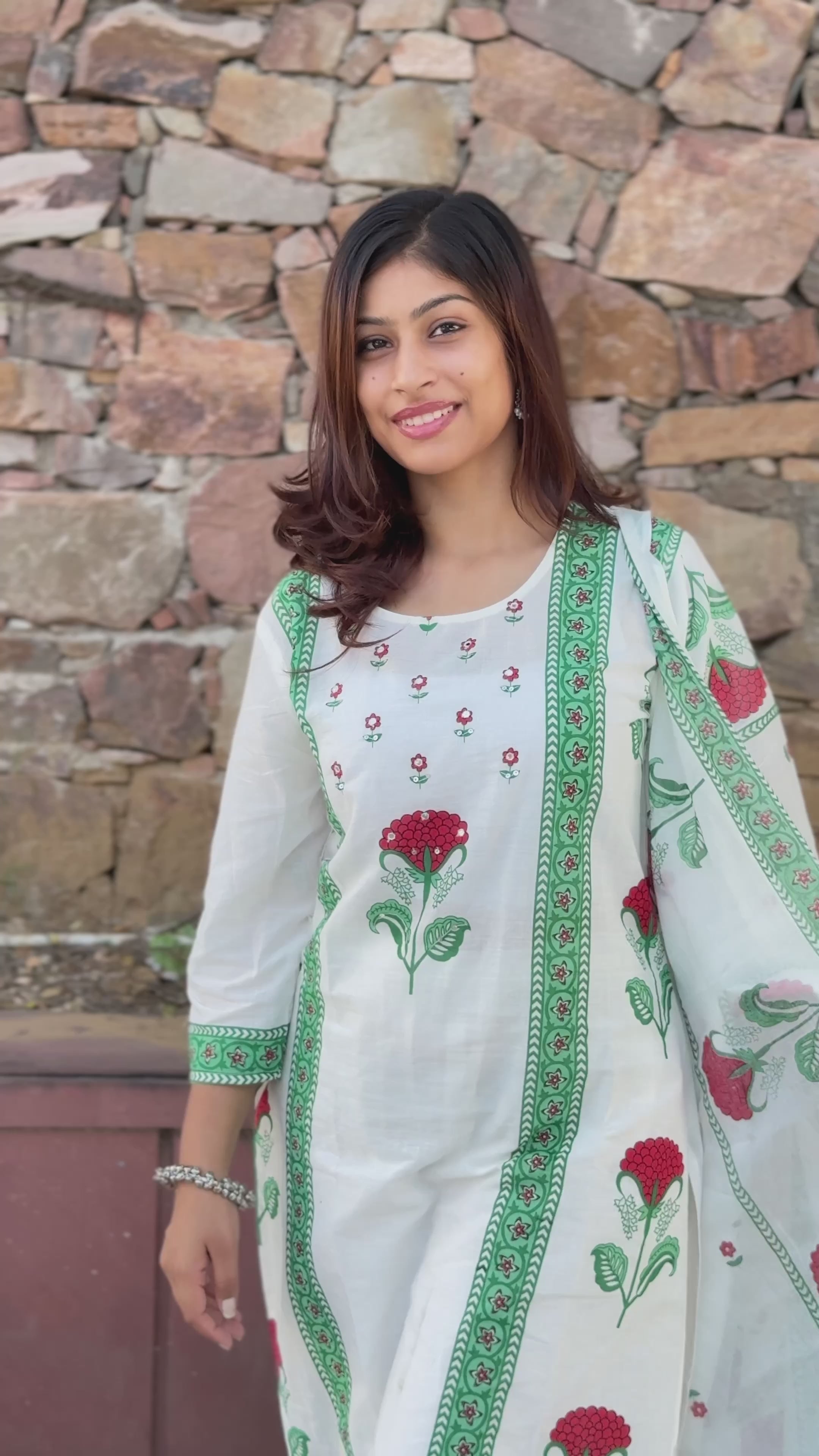 Floral White Block Print Cotton Suit Set with Dupatta
