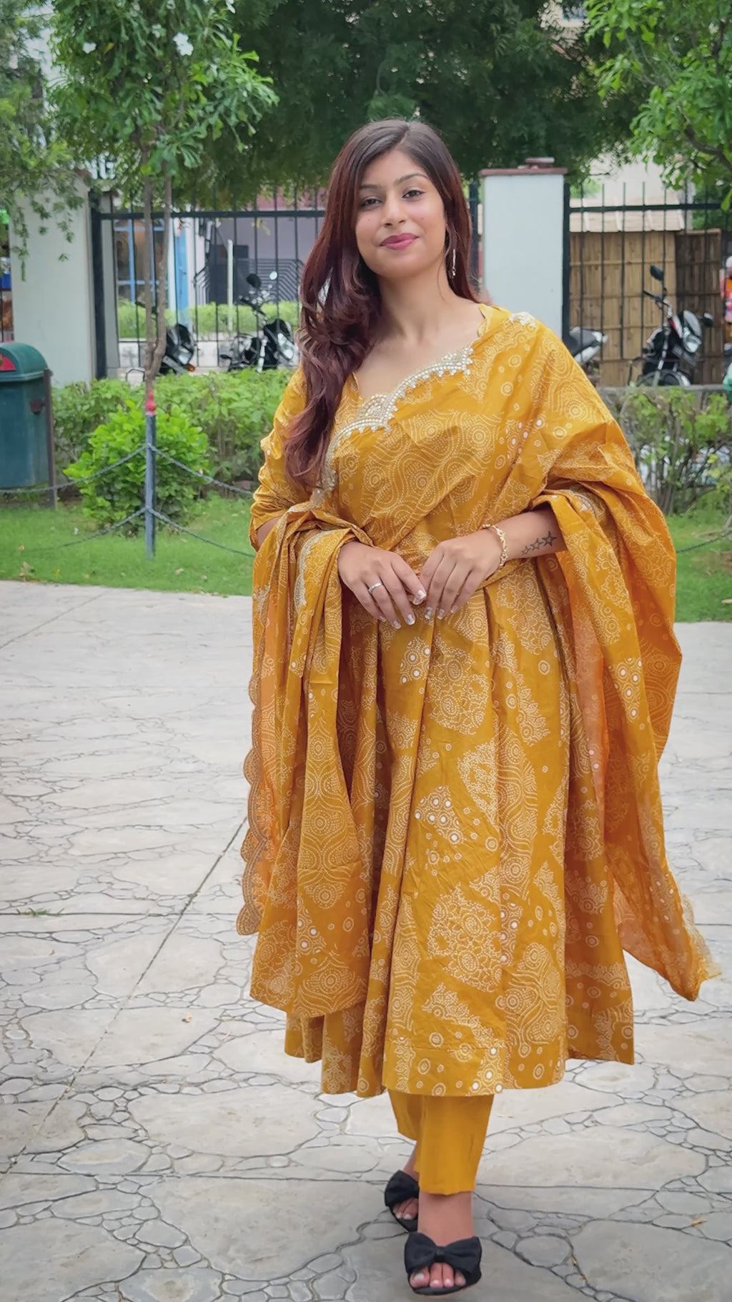Mustard Yellow Printed Anarkali Suit with Embroidered Dupatta