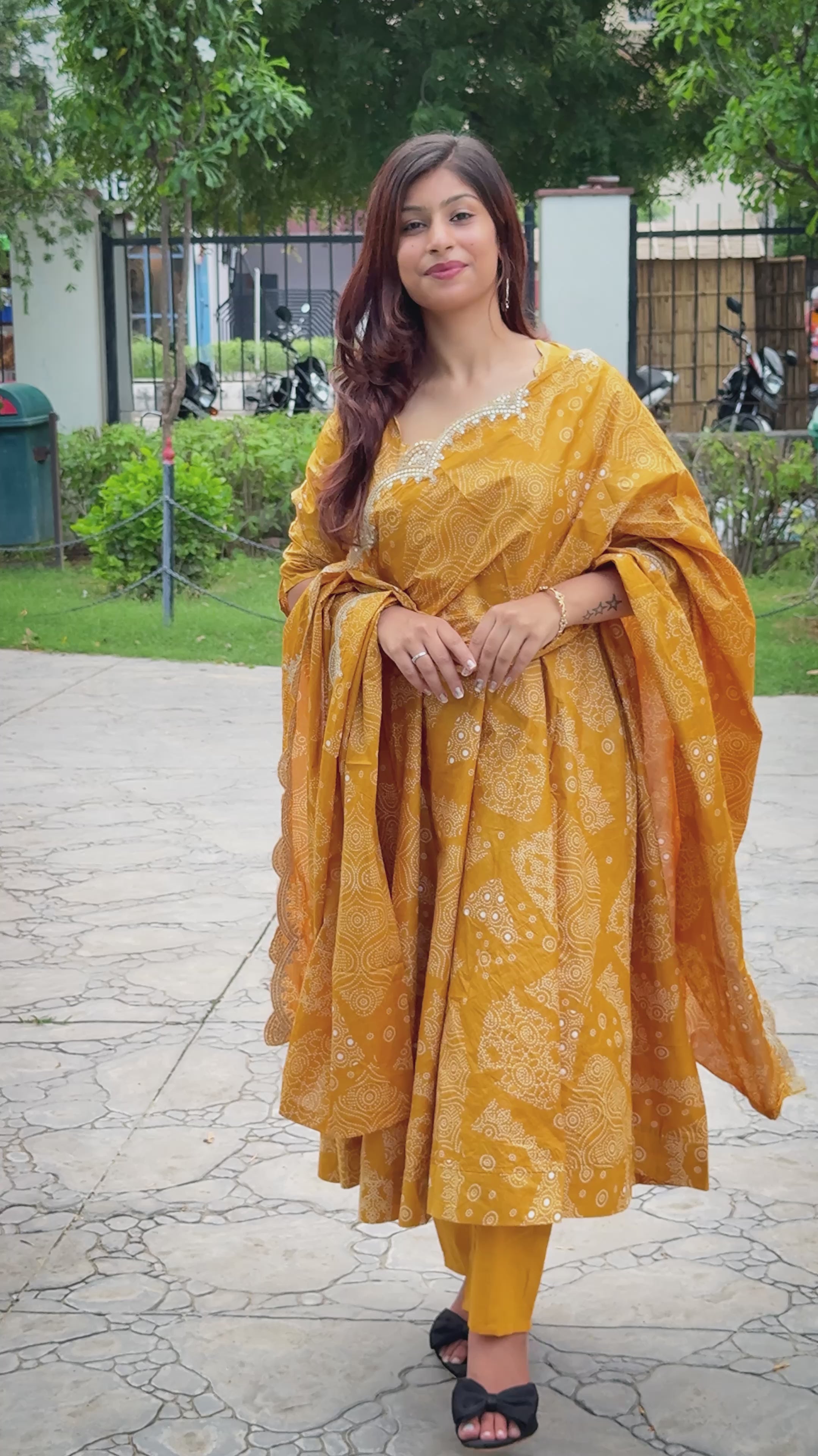 Mustard Yellow Printed Anarkali Suit with Embroidered Dupatta