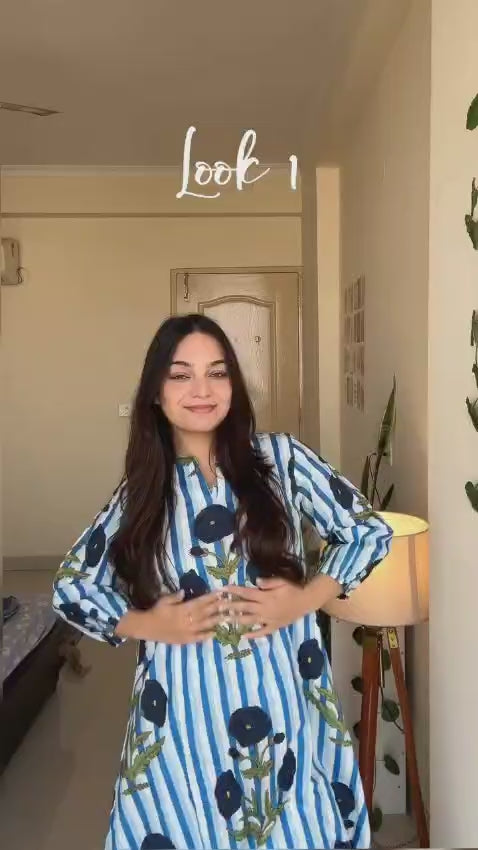 Women’s Navy Blue Striped Floral Cotton Kurta Set