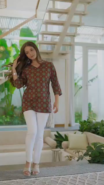 Maroon Cotton V-Neck Mandala Print Top - Pure Cotton