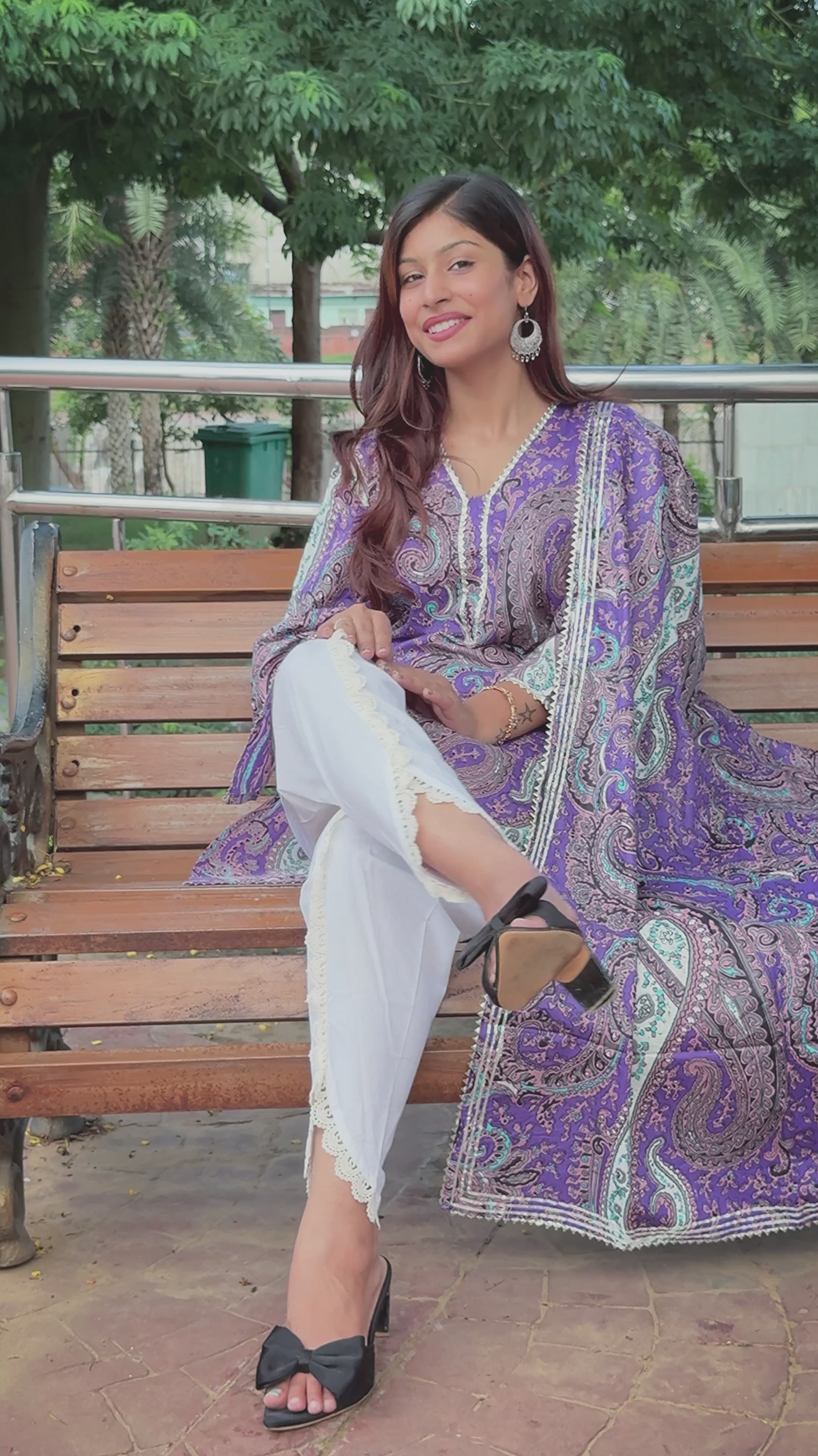 Purple Paisley Printed Kurti with White Straight Pants