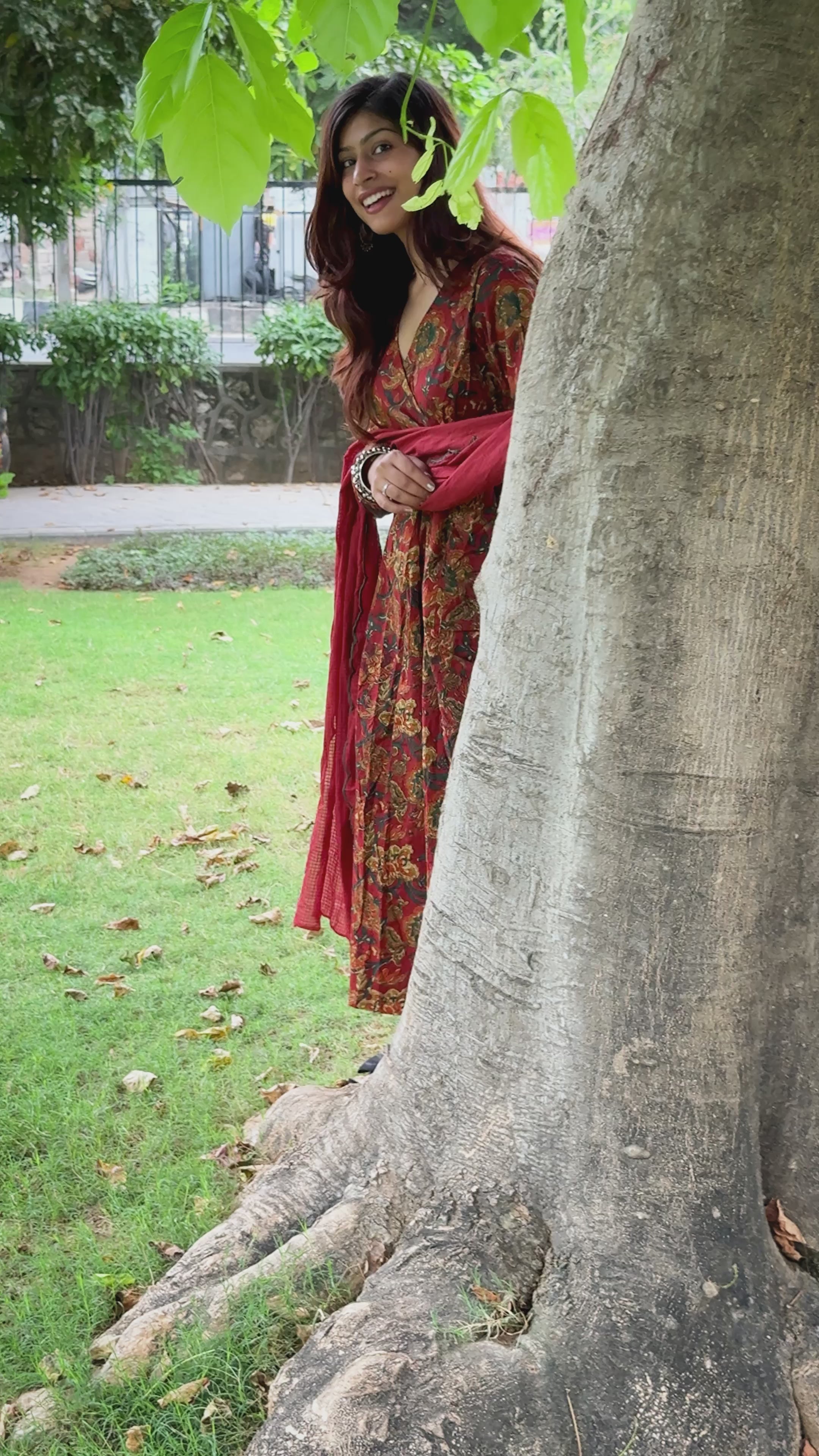 Rust Red Full Flair Cotton Anarkali Kurti with Pant & Dupatta