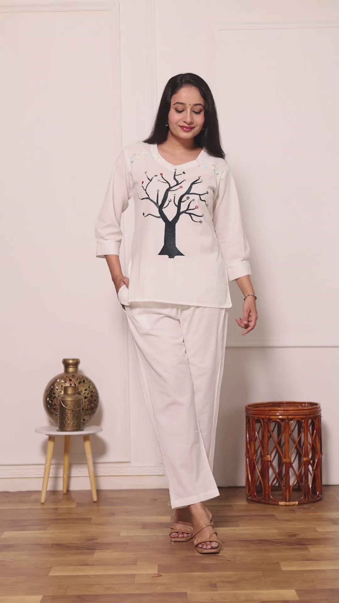 White Cotton Tree Embroidered Coord Set