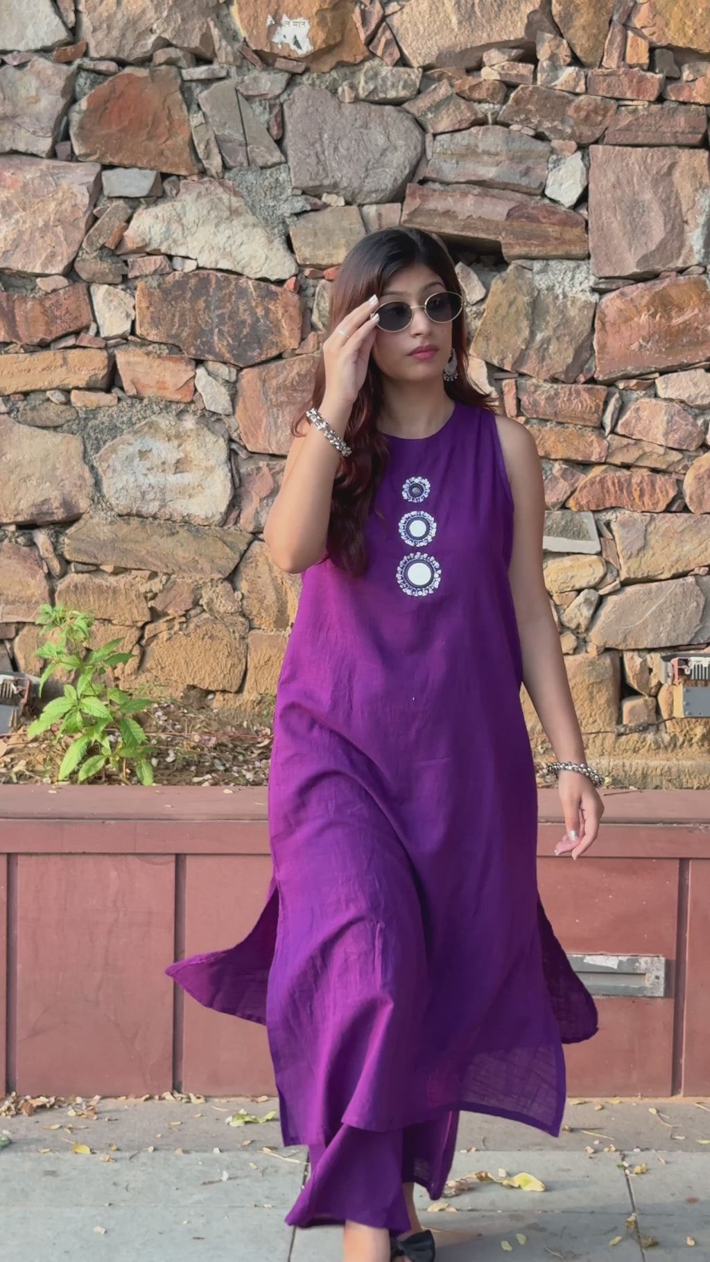 Purple Cotton Sleeve/less Mirror Work Top